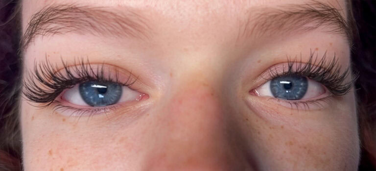 Close-up of a client’s eyelash extensions at Headliners Salon & Spa in Tolland, CT.